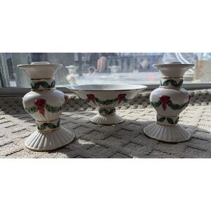 International Silver Company 3 Piece Ivory‎ W/ Gold Trim Ceramic Christmas Set